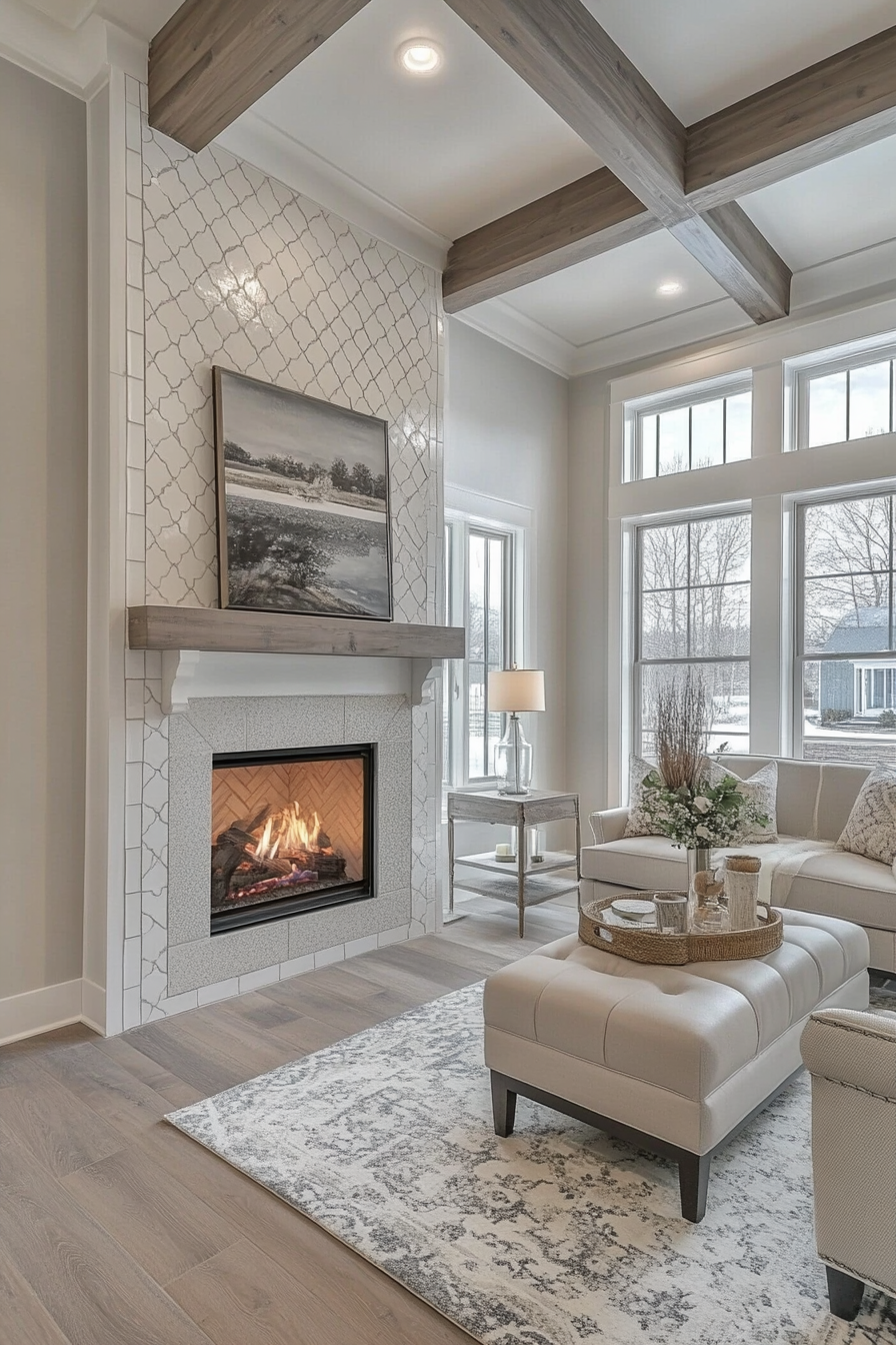 Beautiful White and Gray Tiled Farmhouse Fireplace