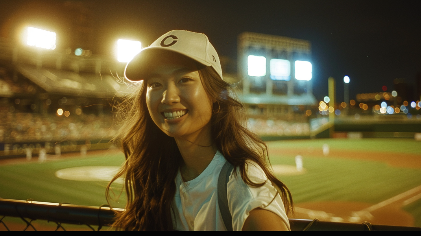 Beautiful Woman at Night Baseball Game in Cleveland, Karen Fukuhara Smiling