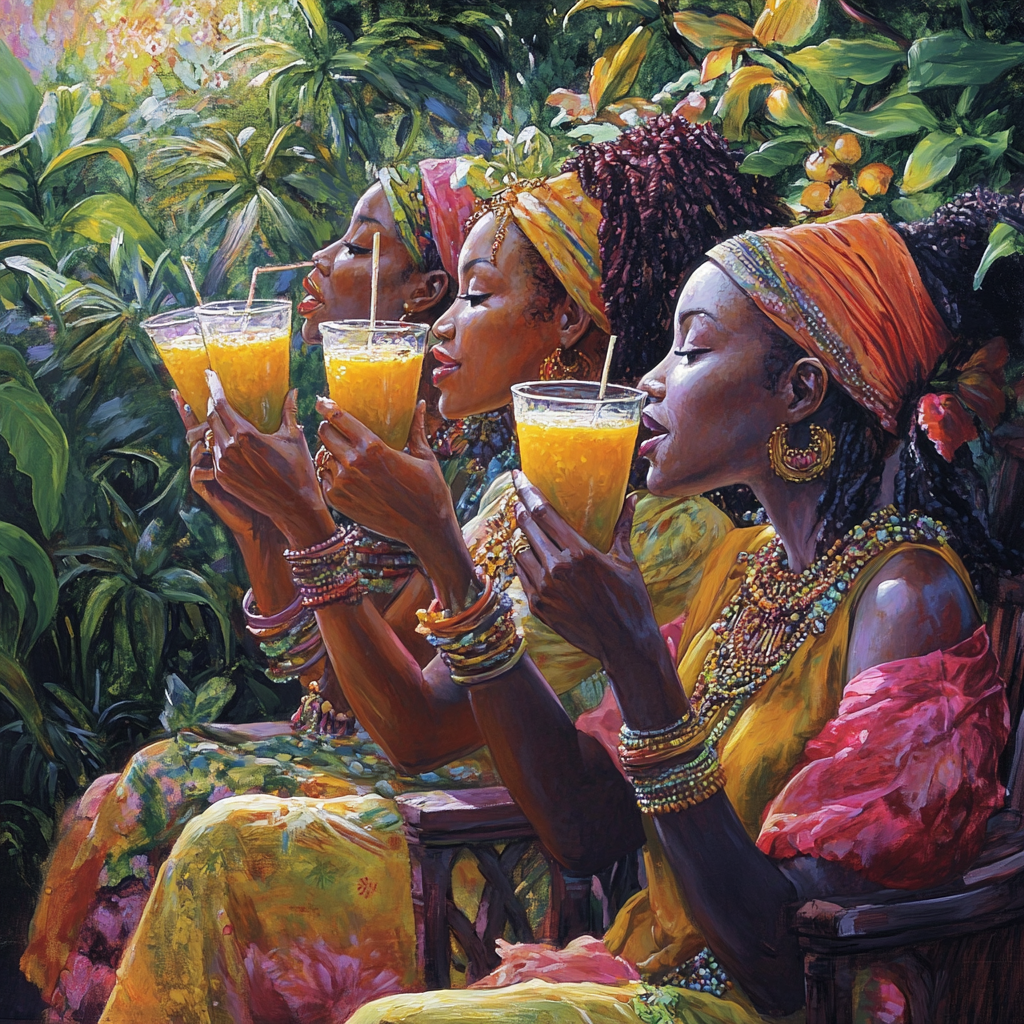 Beautiful ancient African women drinking soursop juice in South Africa.