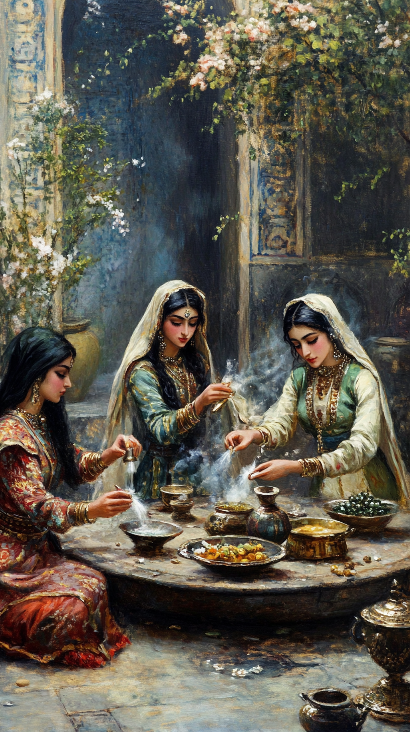 Beautiful ancient Persians making remedies in ancient painting style.