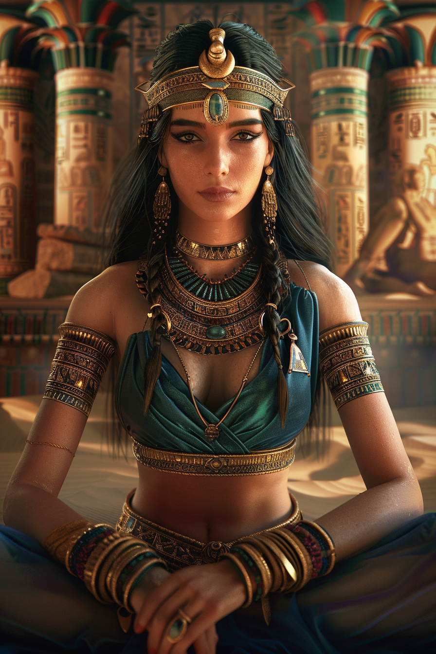 Beautiful ancient women in ornate jewelry, mimicking Egyptian culture.