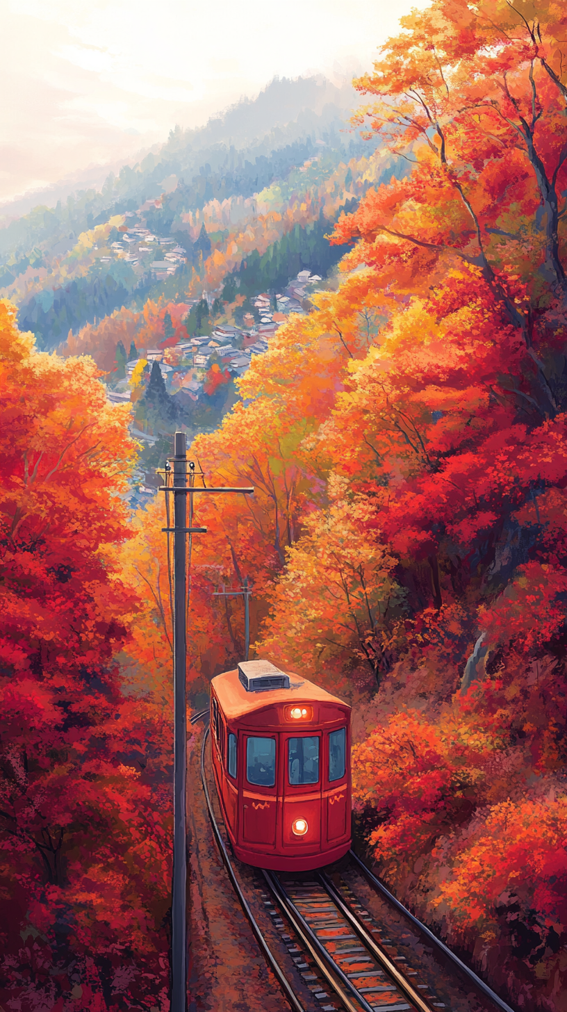 Beautiful autumn train journey through vibrant Japanese landscape.