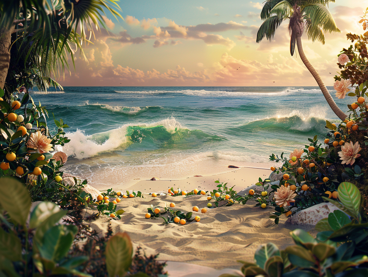 Beautiful beach landscape with fruits, flowers, and waves