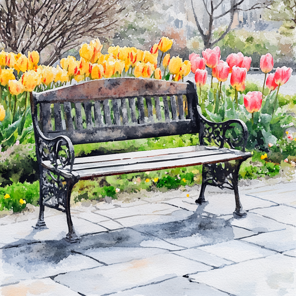 Beautiful bench in spring garden watercolor illustration