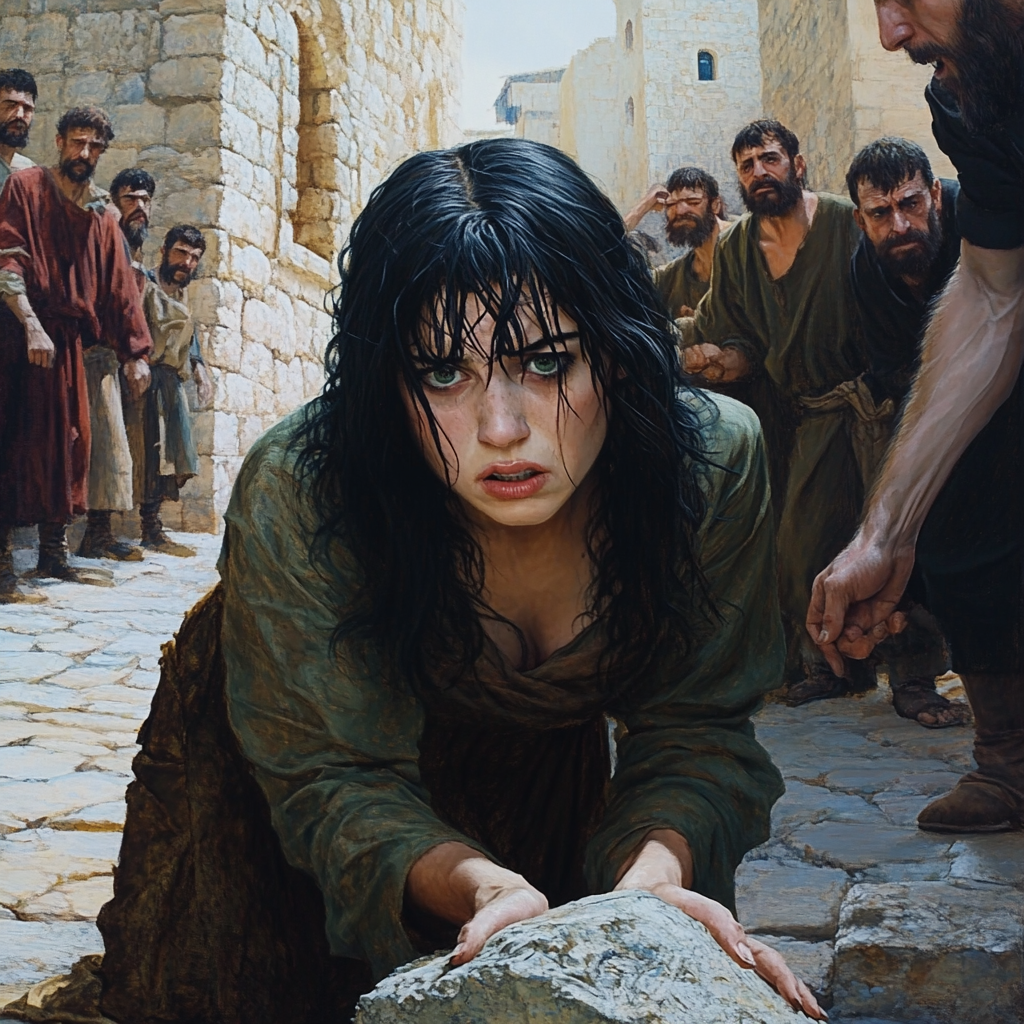 Beautiful biblical woman weeping in stone streets, afraid. Angry.