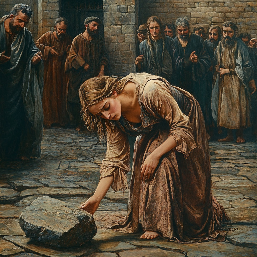 Beautiful biblical woman weeping on knees, afraid, surrounded.