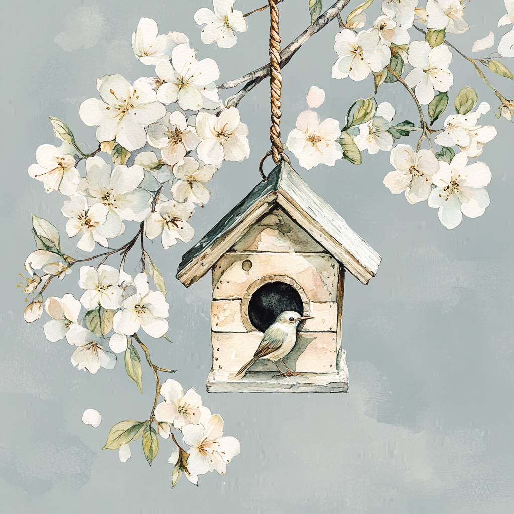 Beautiful birdhouse on blooming tree with colorful bird