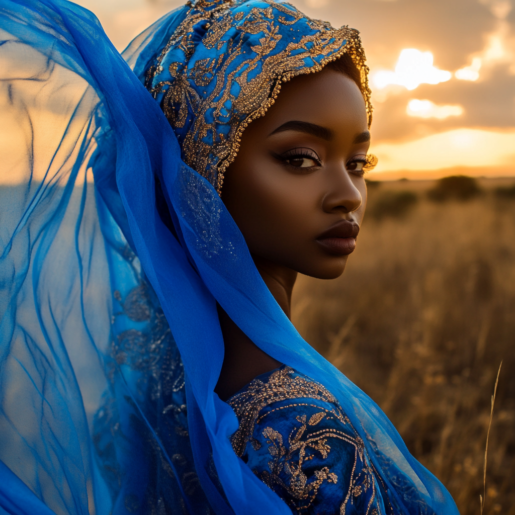 Beautiful black bride in Botswana wearing blue printed fabric.