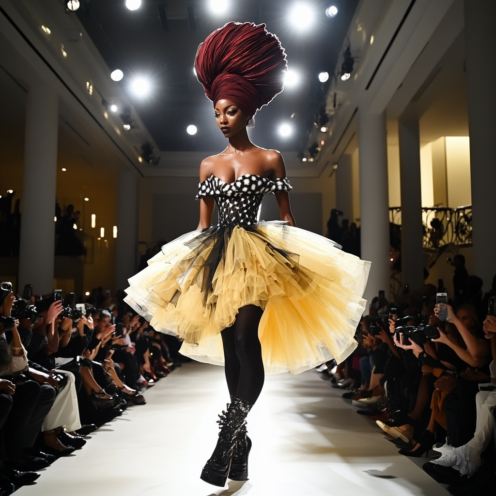 Beautiful black woman in black and white dress on runway.