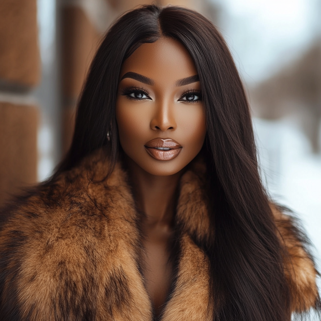 Beautiful black woman in fur coat with brown skin.