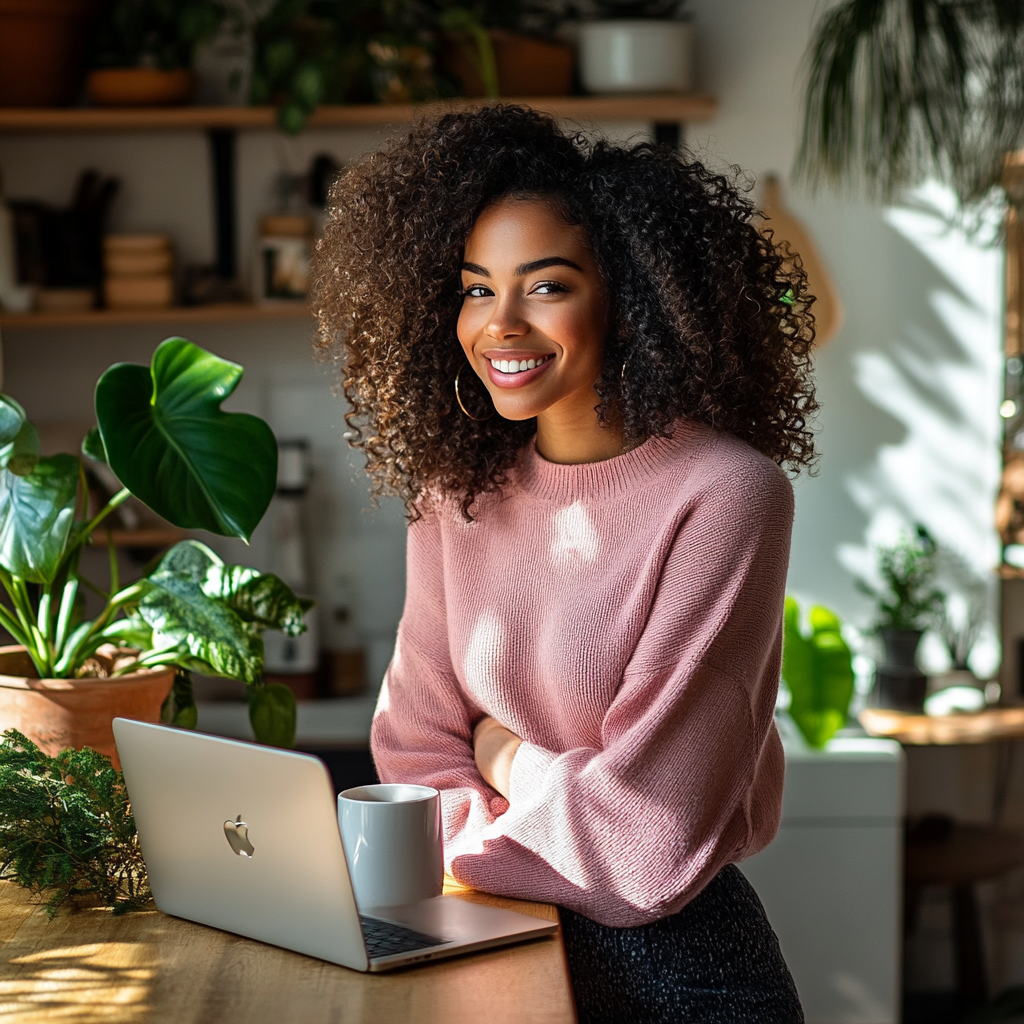 Beautiful black woman in pink sweater with computer.