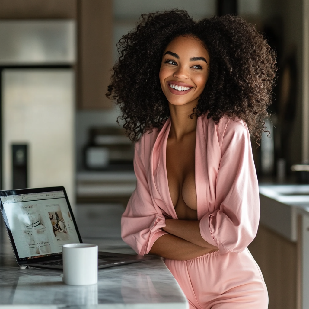 Beautiful black woman standing with laptop in kitchen.