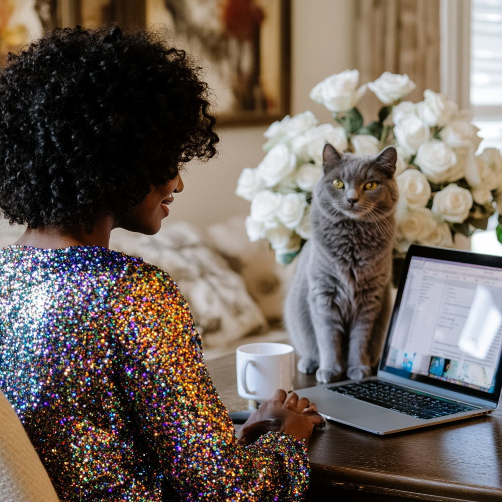 Beautiful black woman with laptop in cozy home office