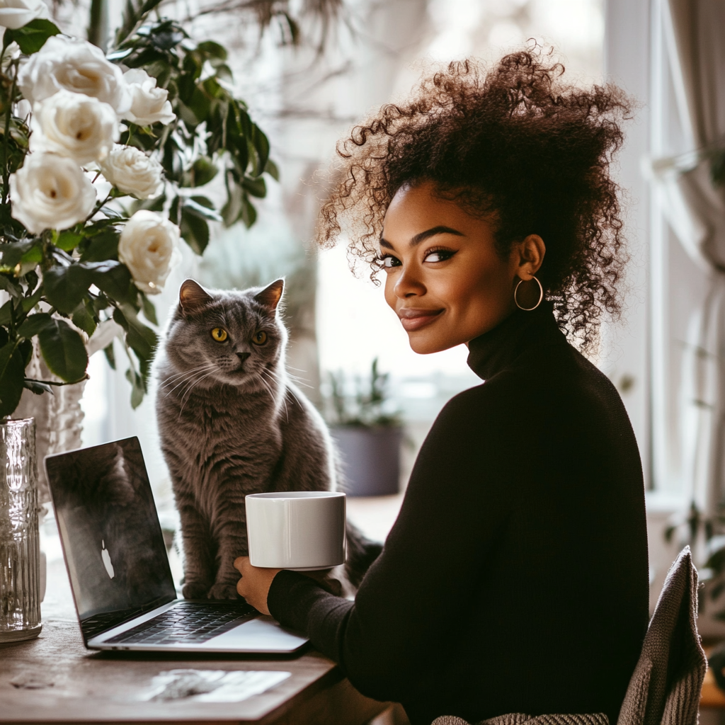 Beautiful black woman working at cozy home office