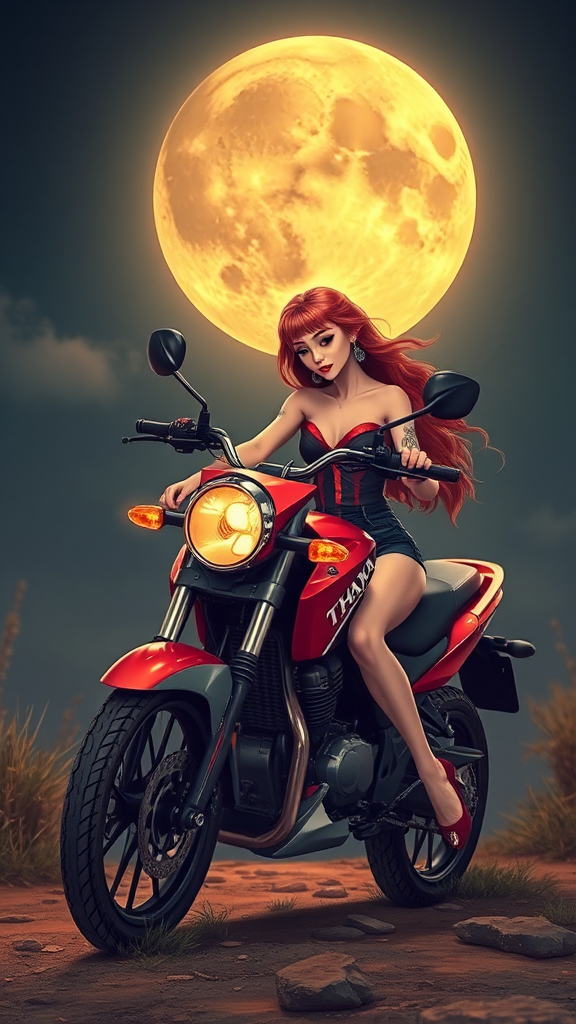 Beautiful blonde biker girl with big moon background