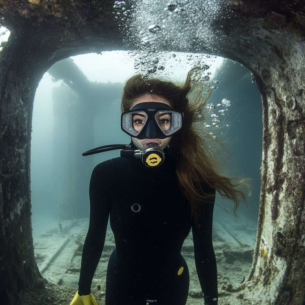 Beautiful brunette diving in sunken ship with yellow fins.