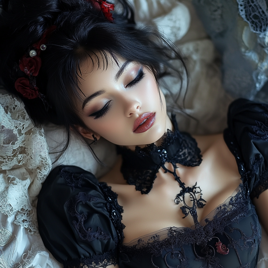 Beautiful brunette in gothic nightgowm, lying down, surreal.