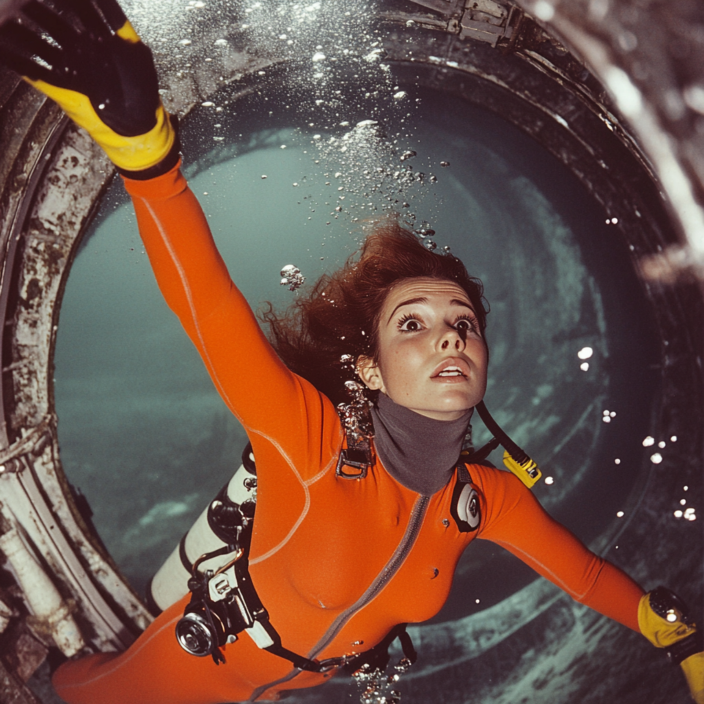 Beautiful brunette scuba diver in sunken ship, reaching upward.