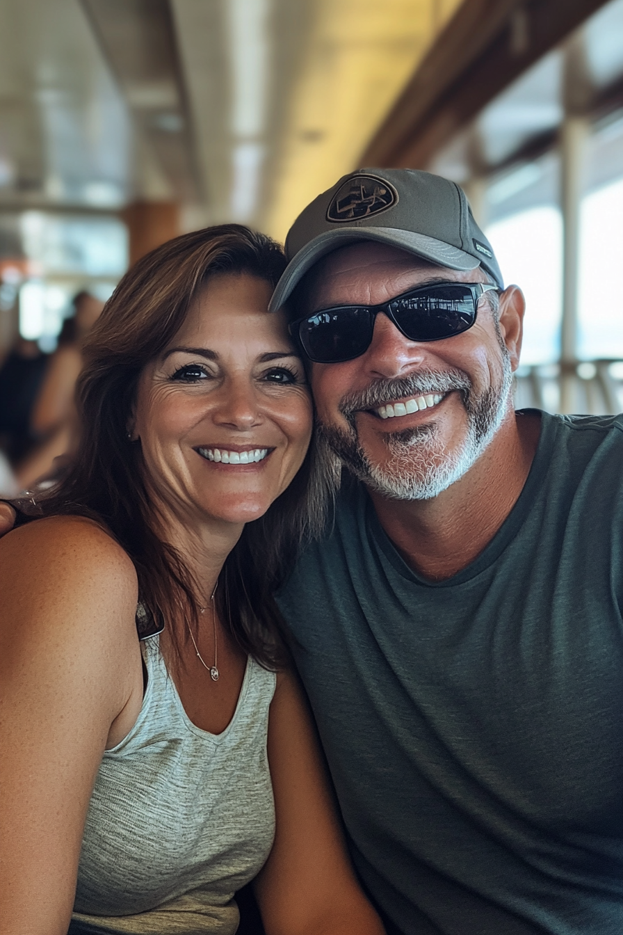 Beautiful couple smiling in dark cruise ship restaurant