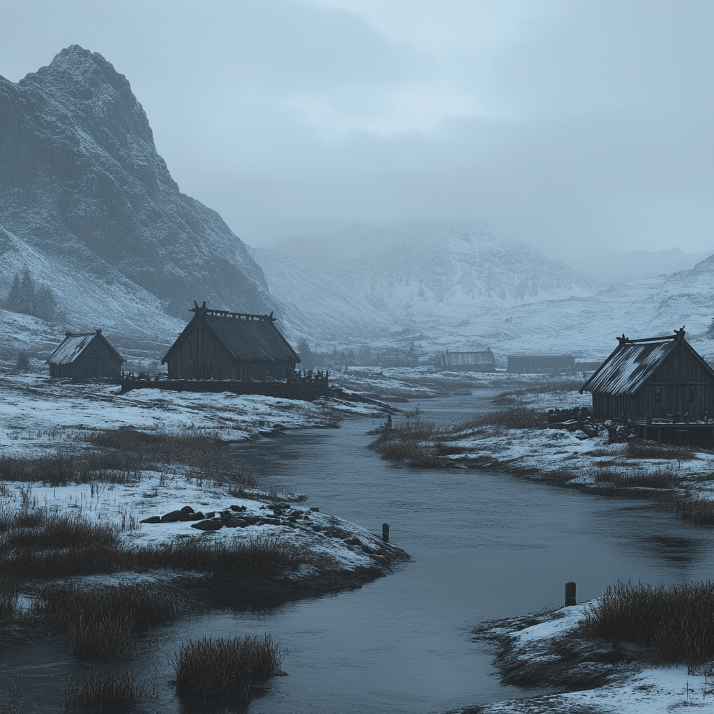 Beautiful dark fantasy tundra with small huts, pagan vibes.