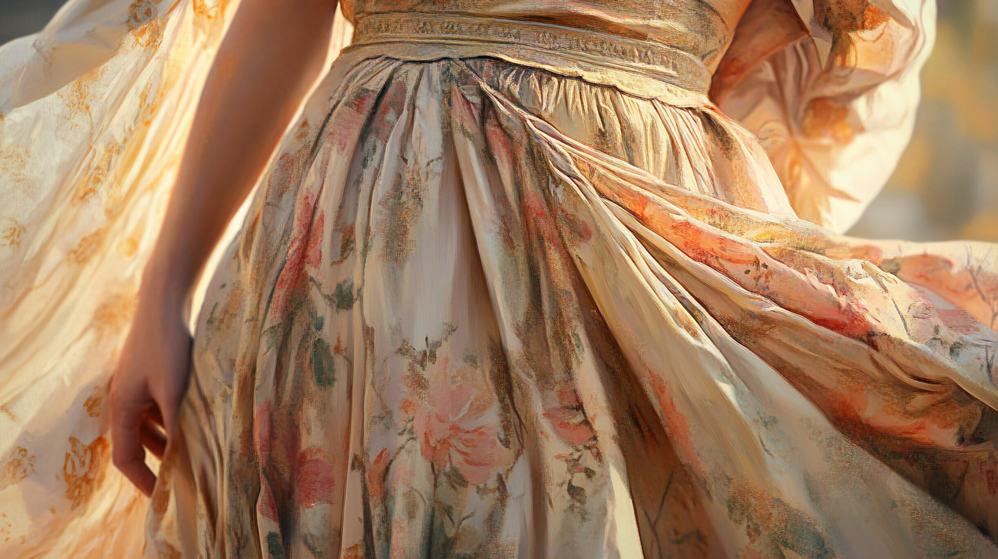 Beautiful detailed flowy dress in unique colors, oil painting.