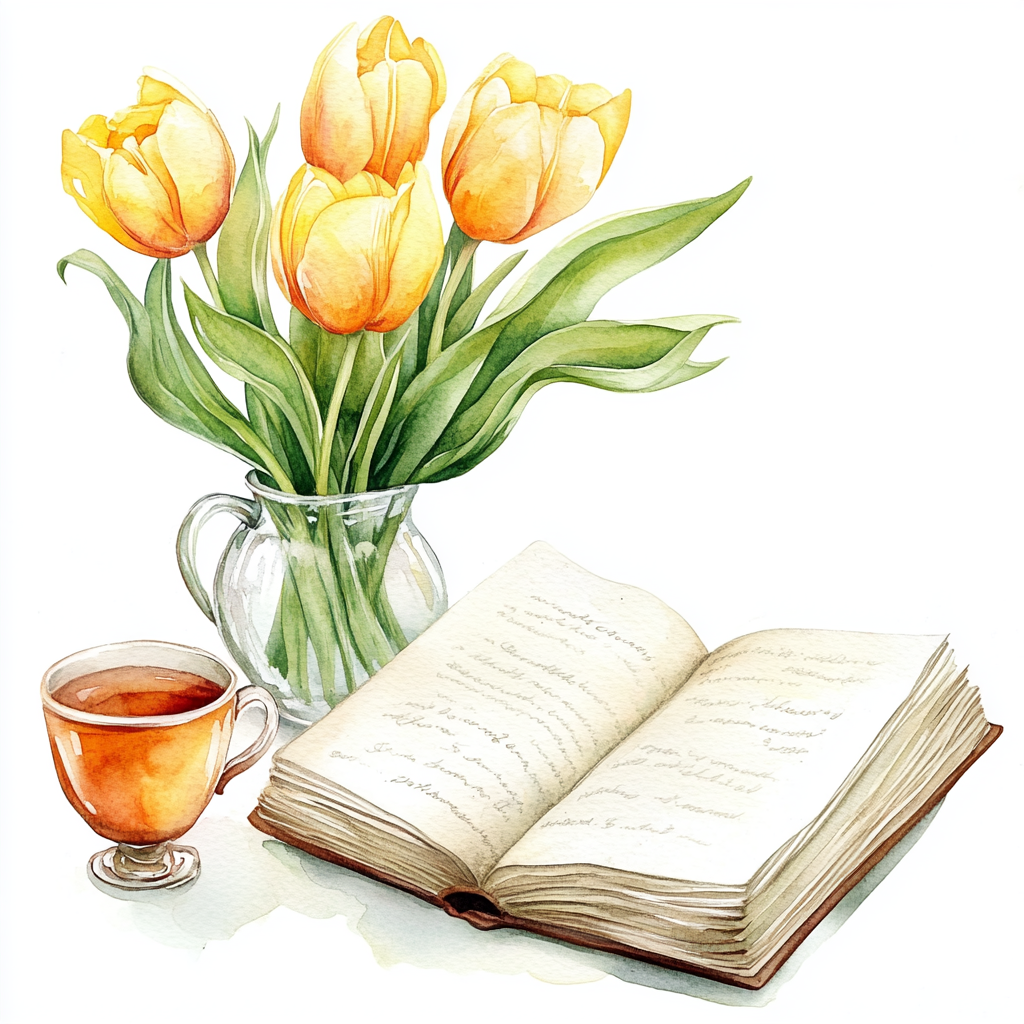 Beautiful diary book, tea, tulips watercolor clipart.