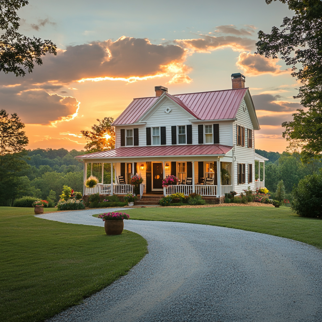 Beautiful farmhouse with red roof, white exterior, flowers, chairs.