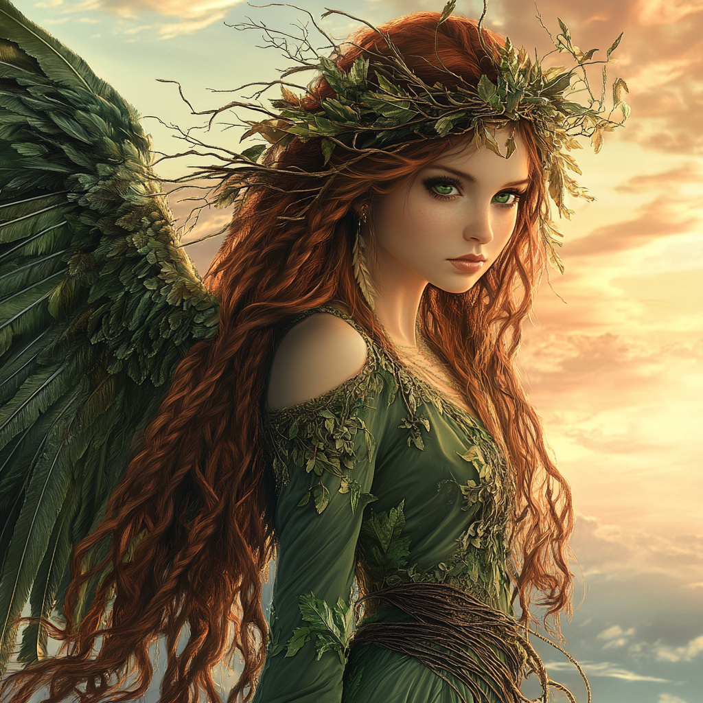 Beautiful female Angel with auburn braided hair flying.