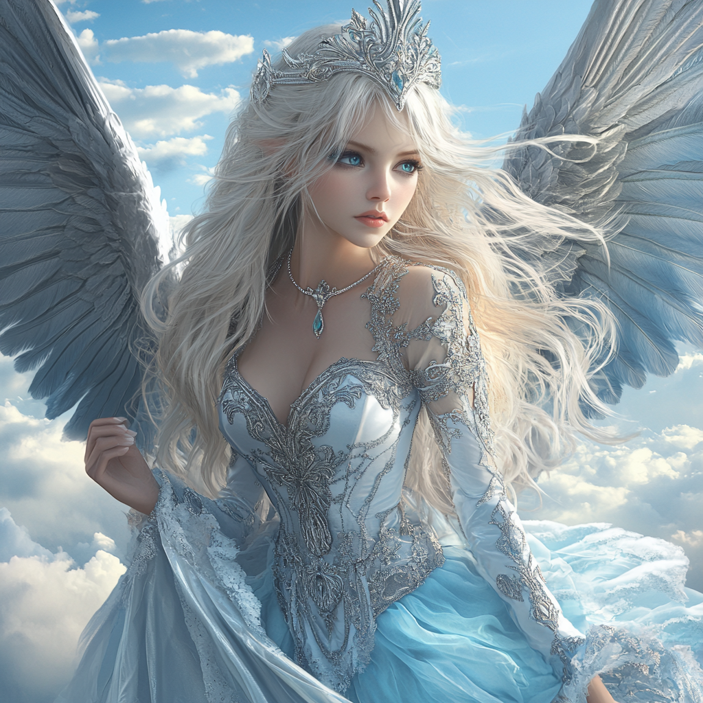 Beautiful female Angel with platinum blonde hair and blue eyes, wearing silver crown and light blue dress, flying in sky with clouds