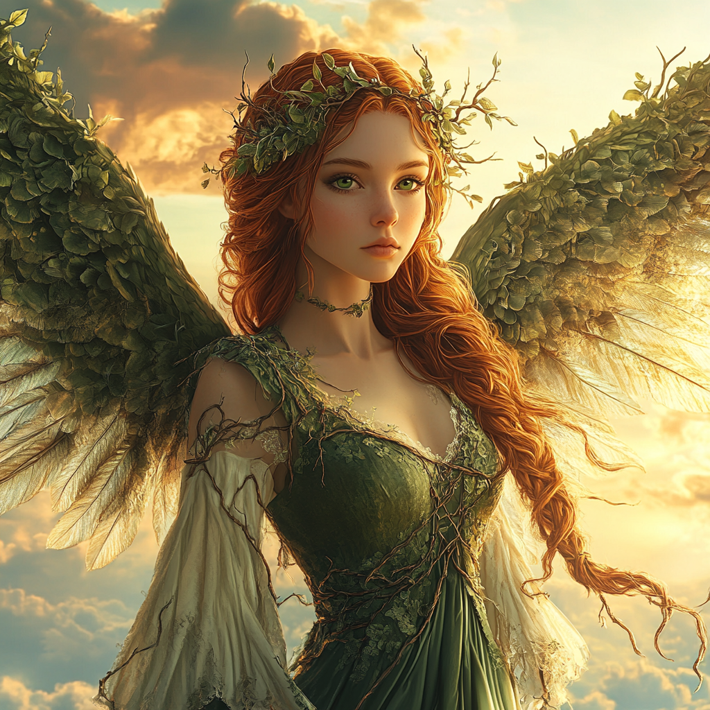 Beautiful female angel with long auburn braided hair peaceful flying sunset evening wings dress vine crown.