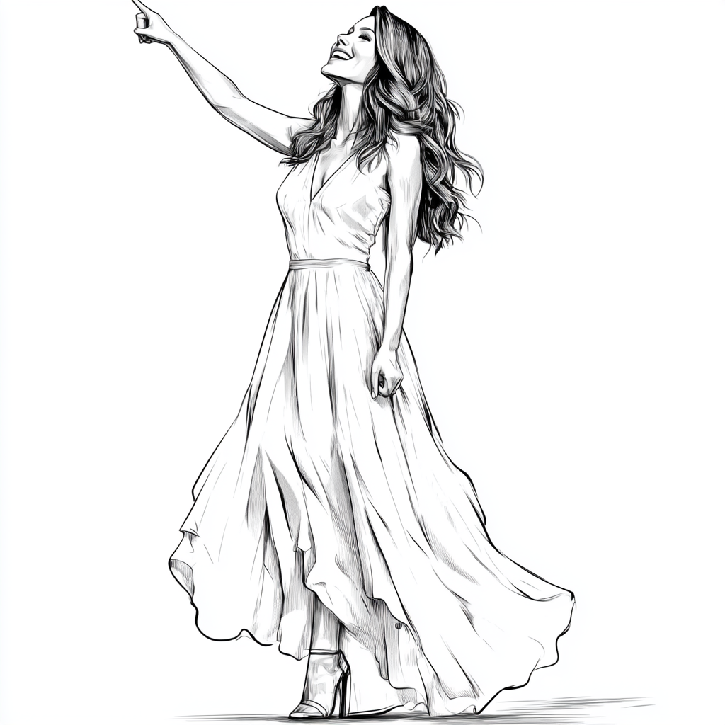 Beautiful female in maxi dress pointing, black-and-white sketch