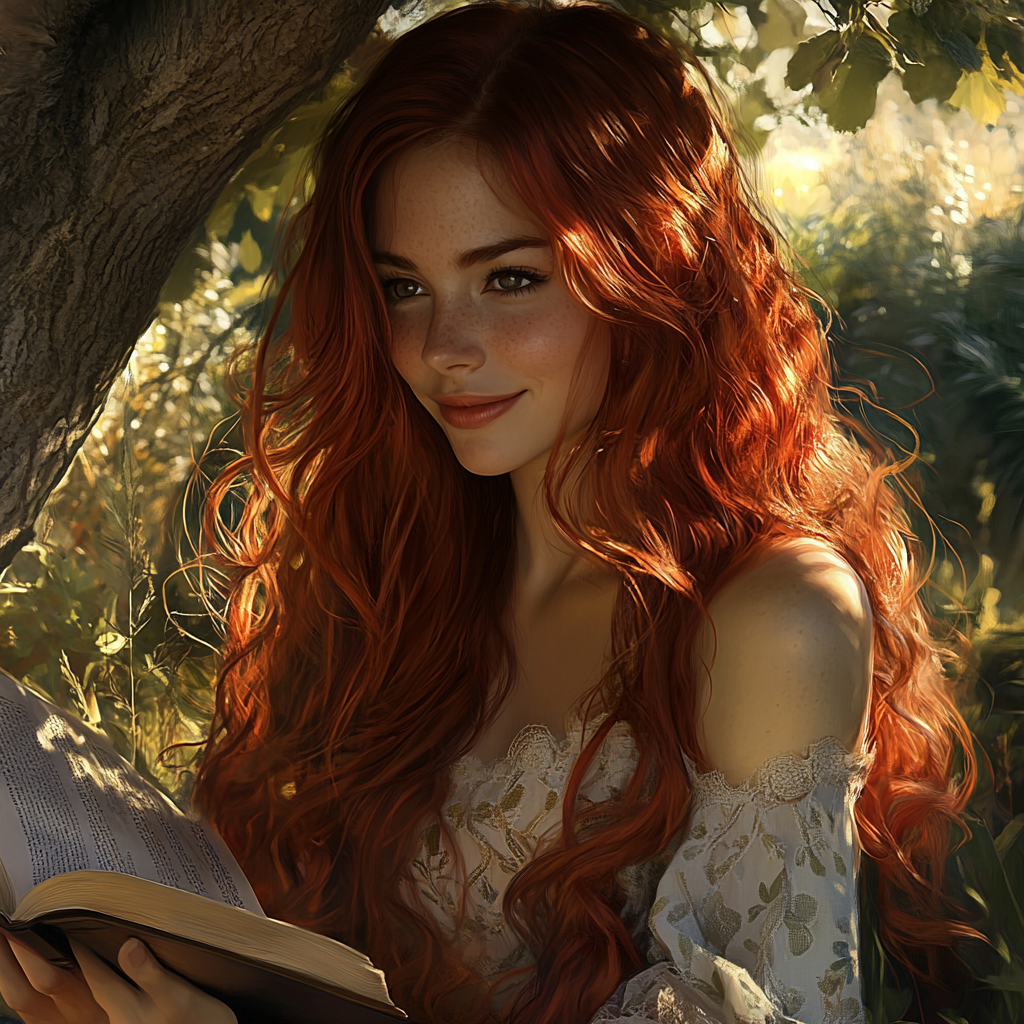 Beautiful female with red hair reading under tree