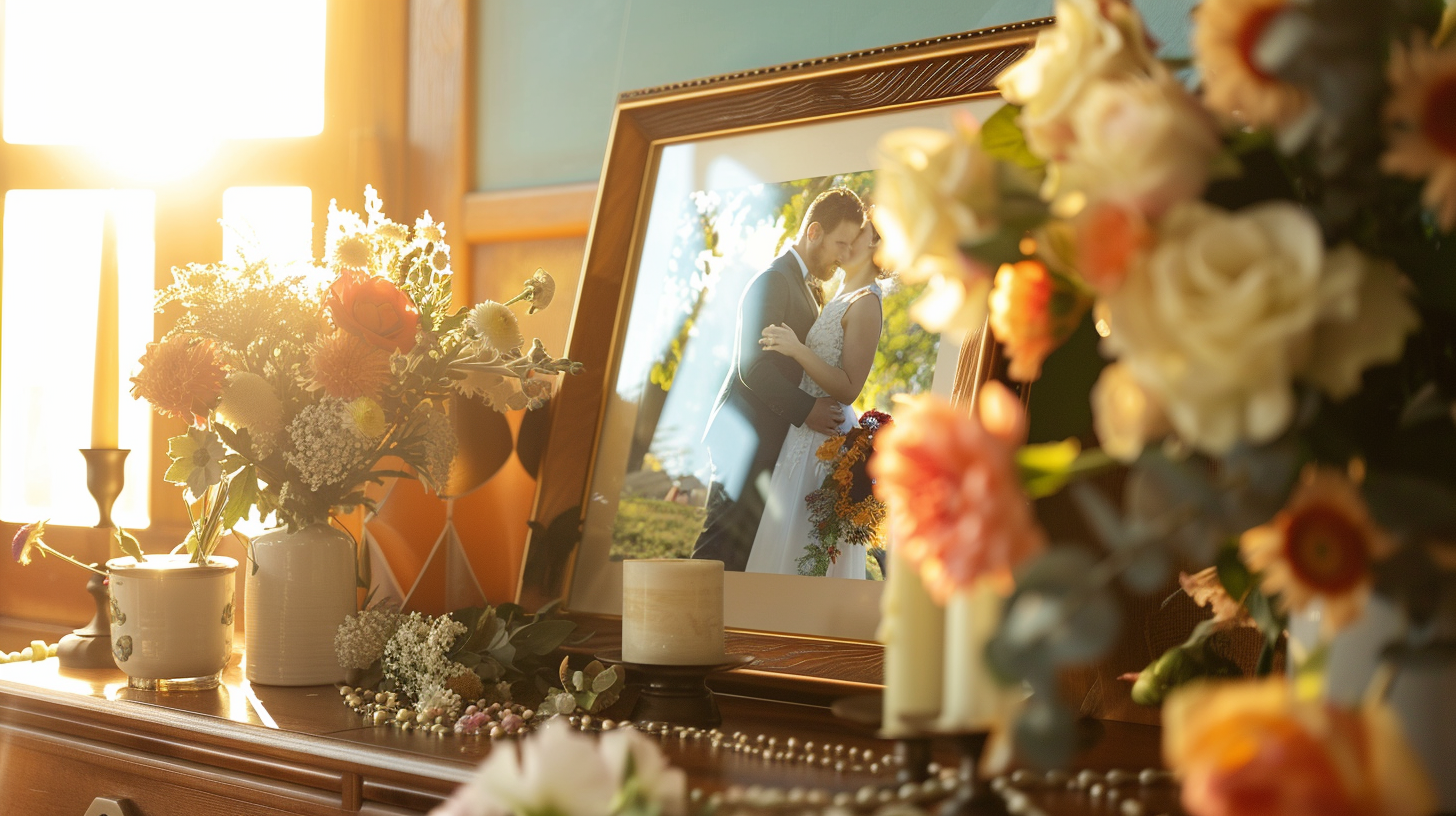 Beautiful flowers and candles in a large frame