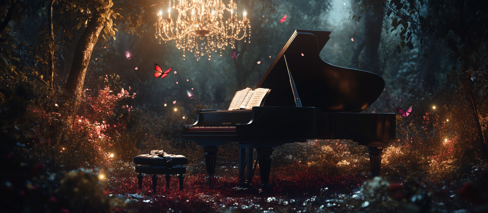 Beautiful forest night scene with piano and books.