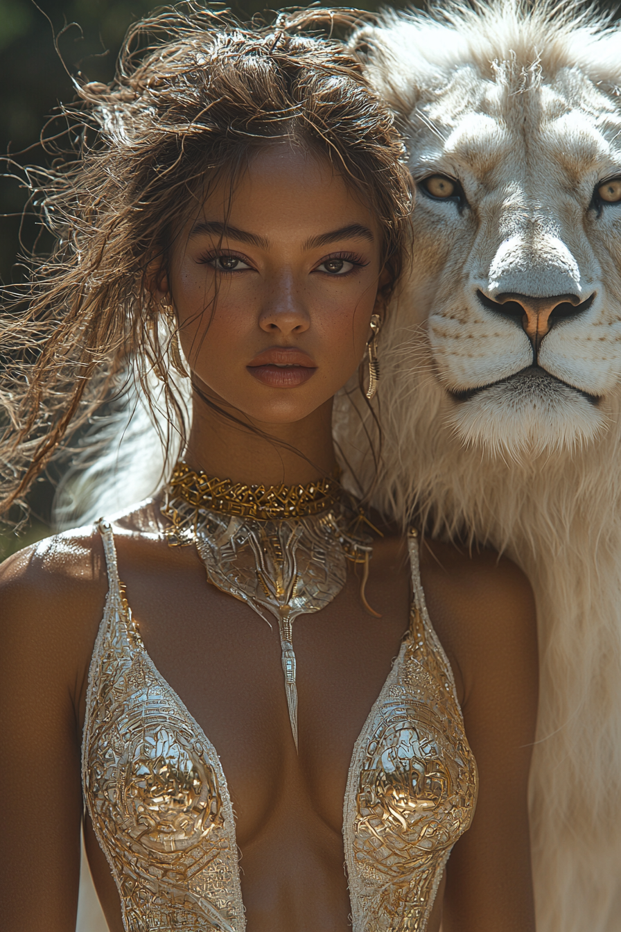 Beautiful futuristic fashion model with white lion, high definition.