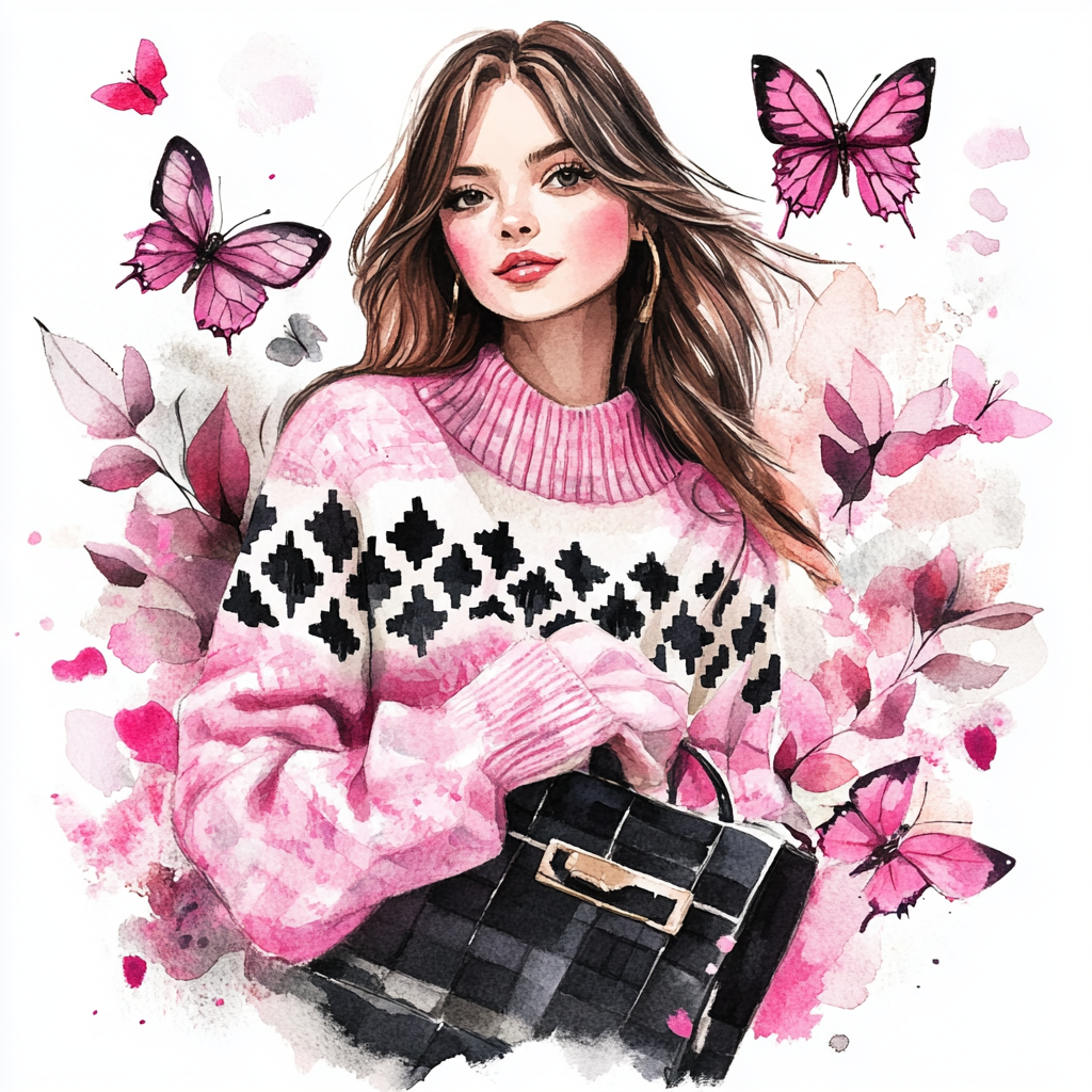 Beautiful girl in cozy sweater with pink butterflies