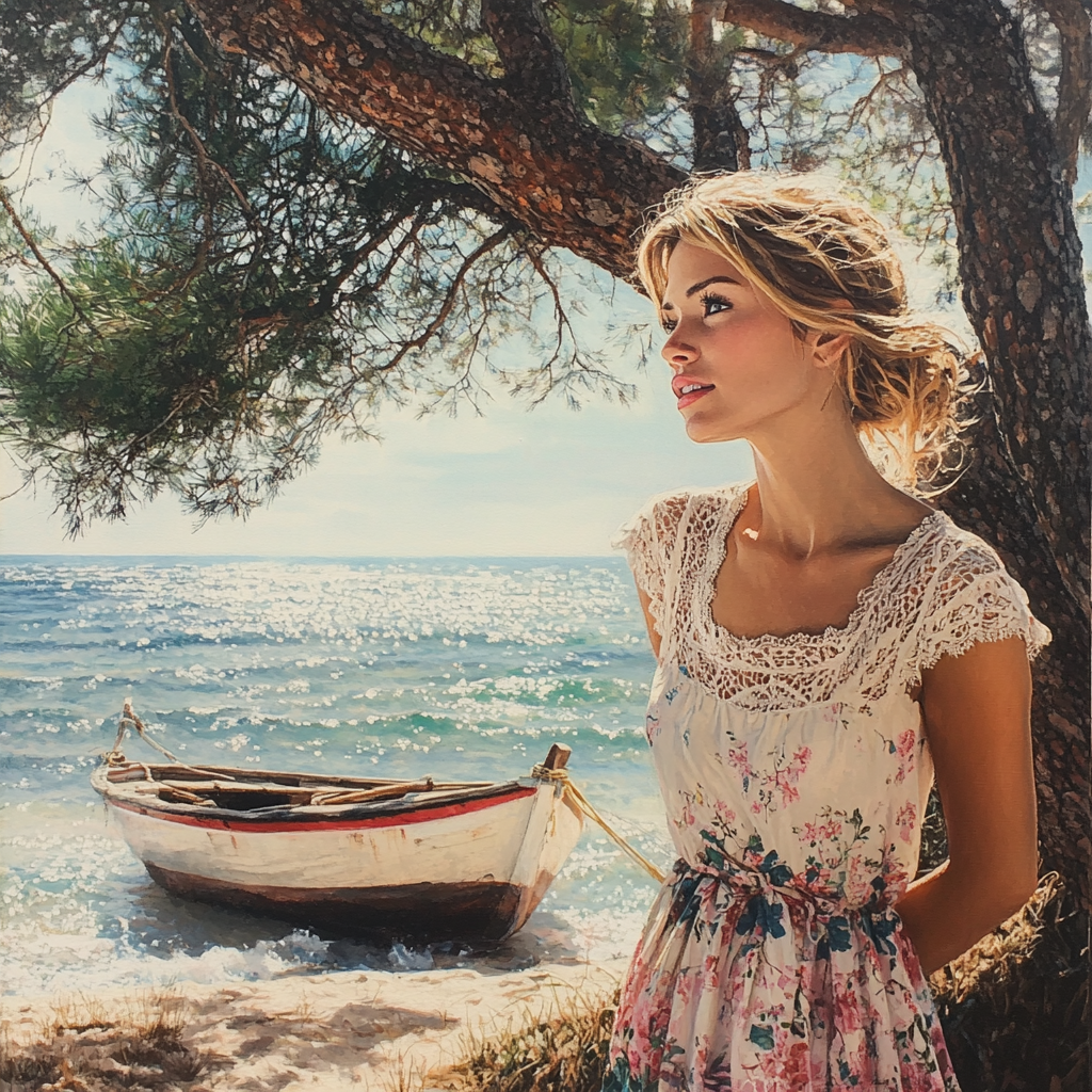 Beautiful girl on sandy beach, trees and boat