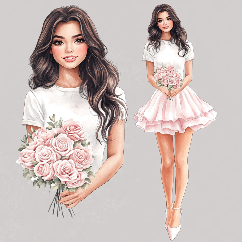 Beautiful girl wearing pink skirt with roses bouquet