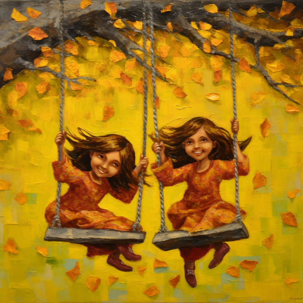 Beautiful girls swinging from mango tree in colorful oil Painting