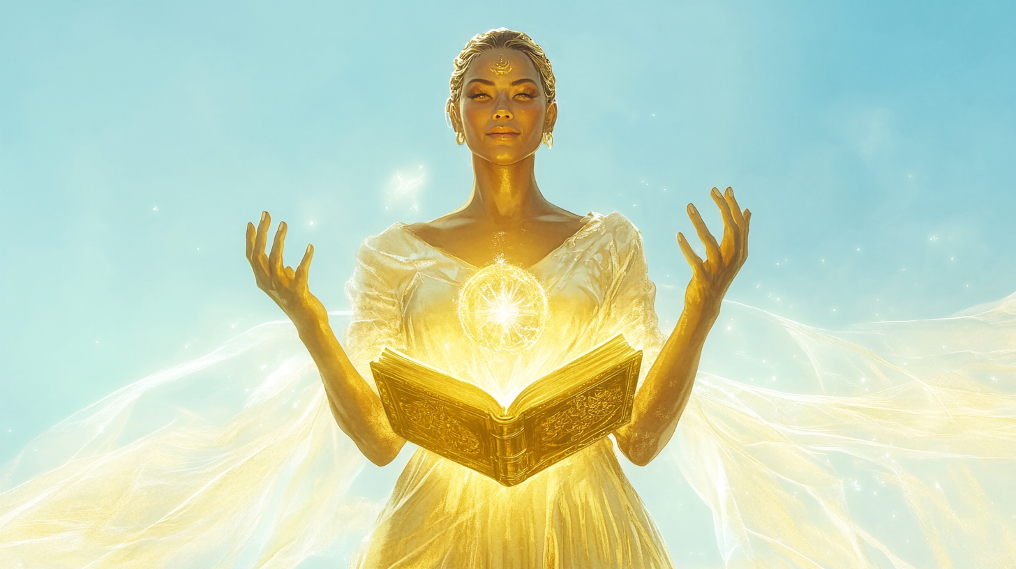 Beautiful goddess Abundantia offers golden-covered book with kindness.