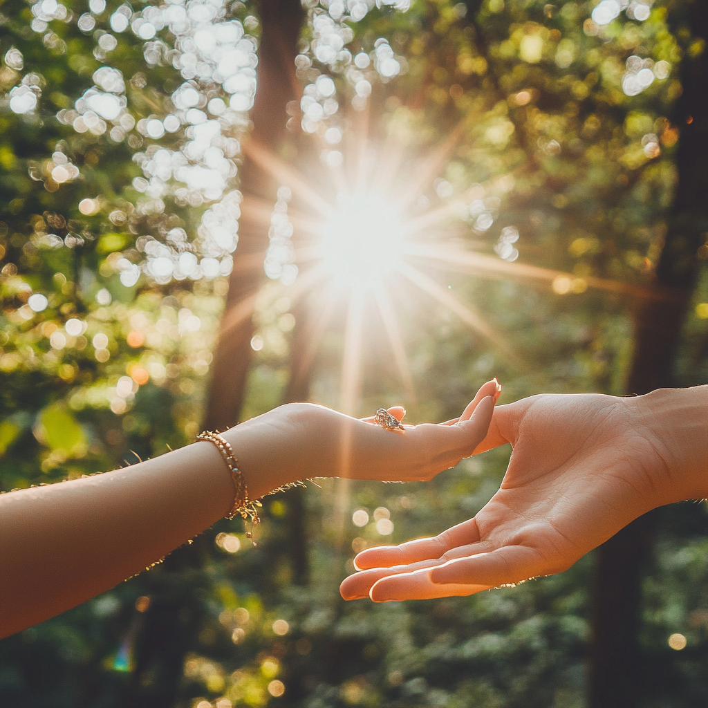 Beautiful hand with fantasy ring in nature photoshoot.