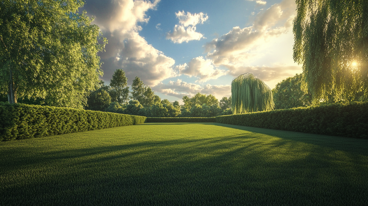 Beautiful lawn with hedges, clouds, and willows.