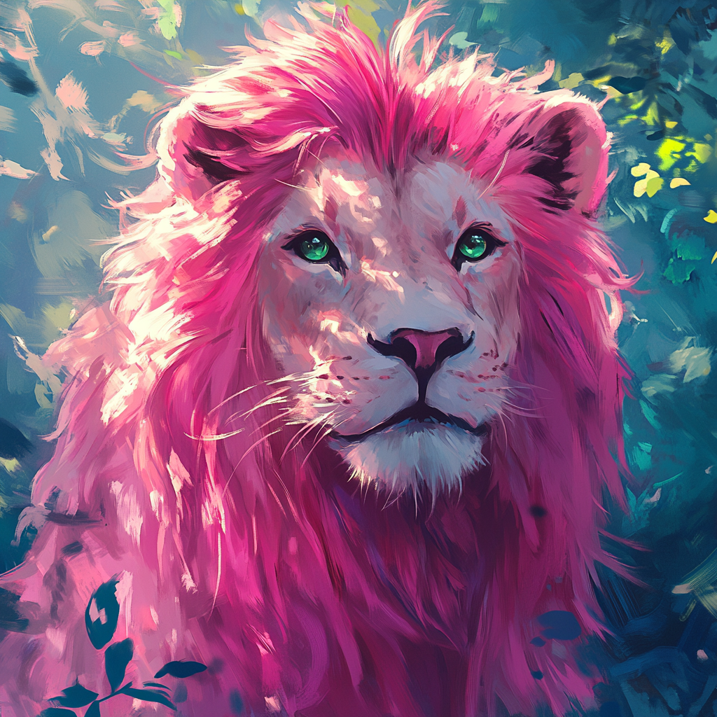 Beautiful lion with pink fur and big hazel eyes.