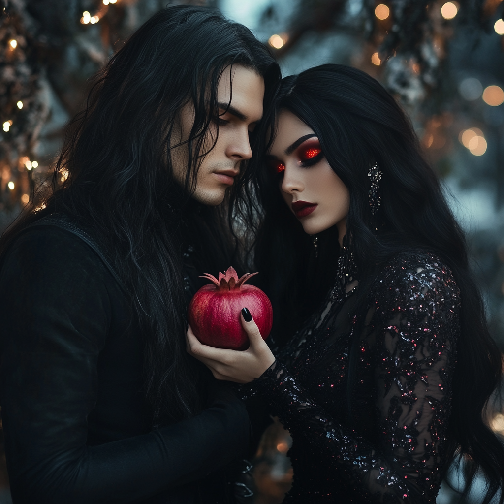 Beautiful man and woman in gothic clothing at night.