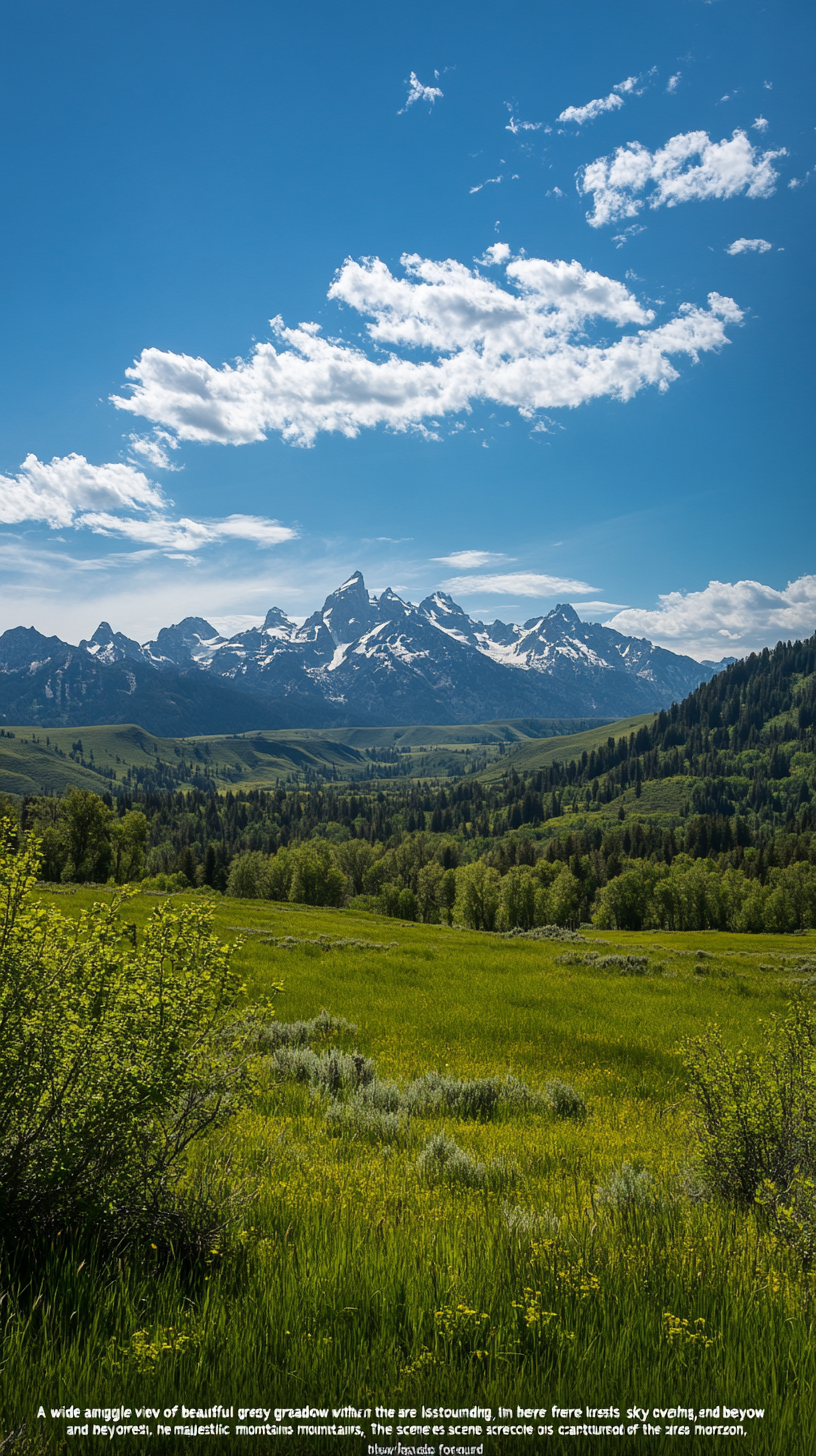 Beautiful meadow with green forests, mountains, and blue sky.