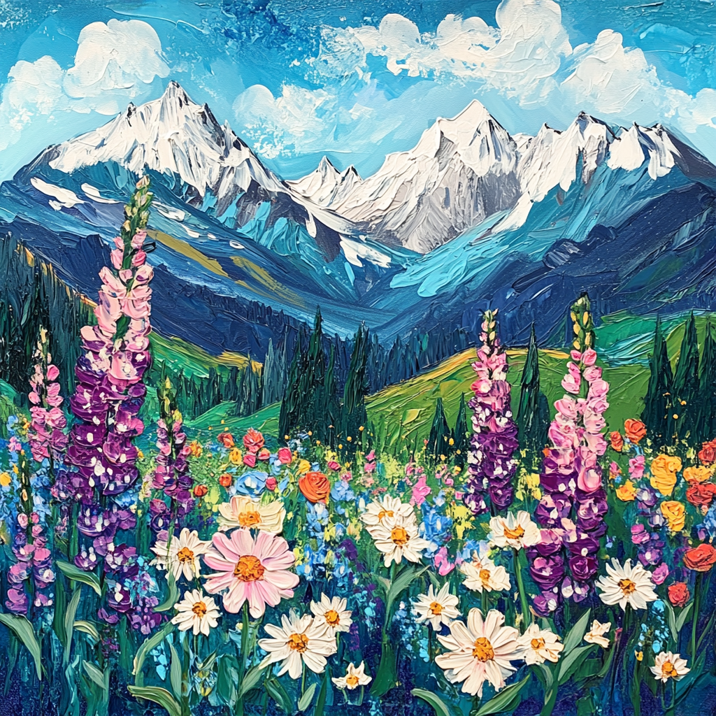 Beautiful mountains and colorful flowers with bold brushstrokes.