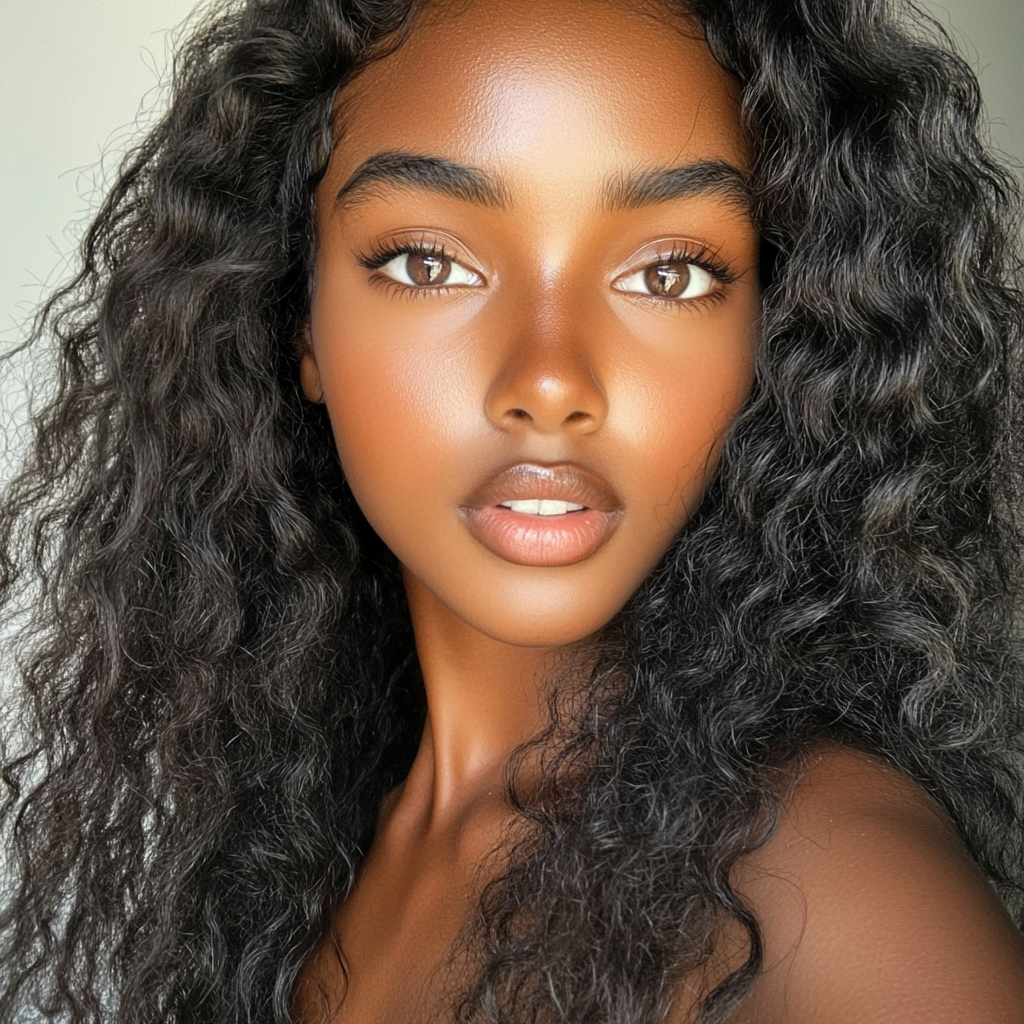 Beautiful natural black woman with rich dark skin, curly hair.