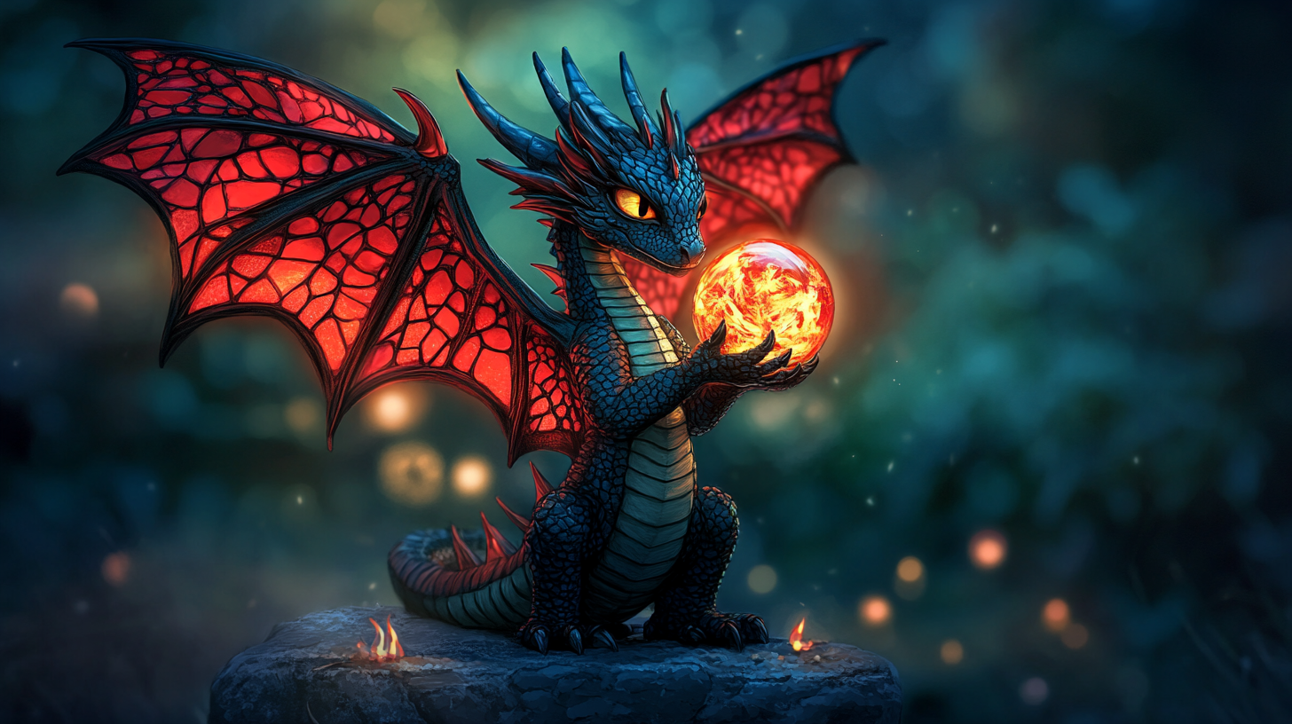 Beautiful navy dragon with red glass wings, holding fire globe.