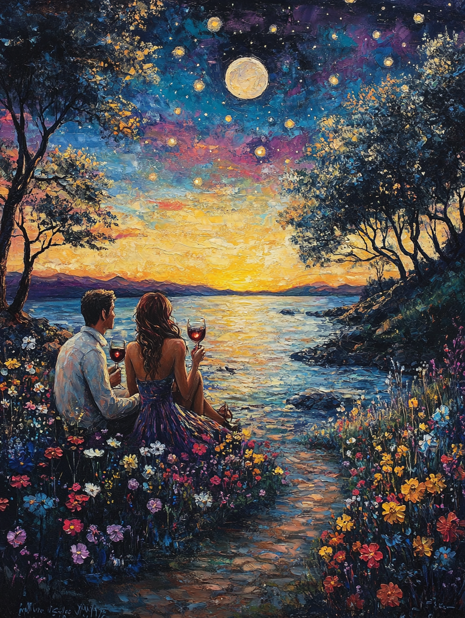 Beautiful night sky painting with stained glass style, flowers.