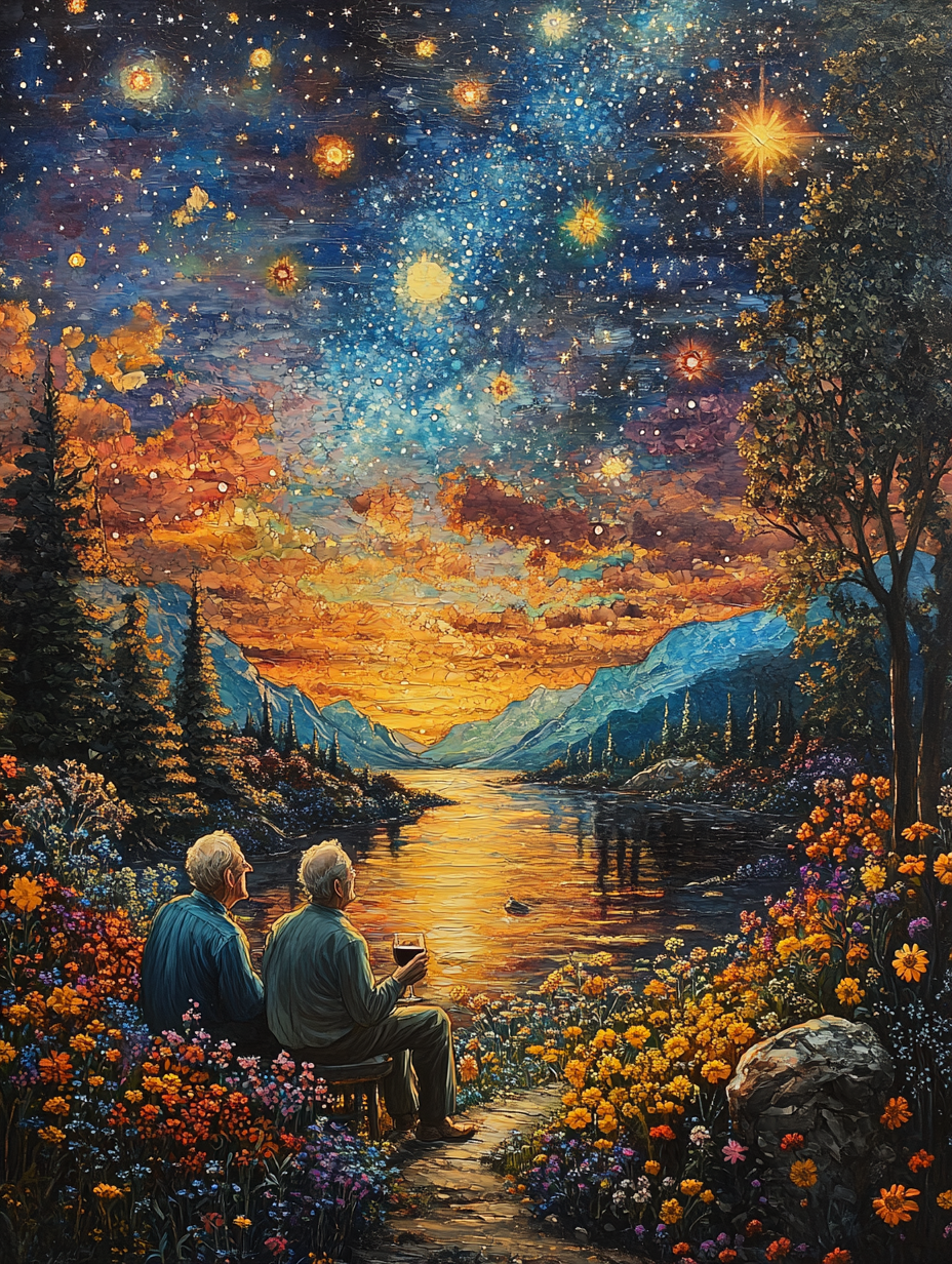 Beautiful painting night sky stars moonlight sea flowers.